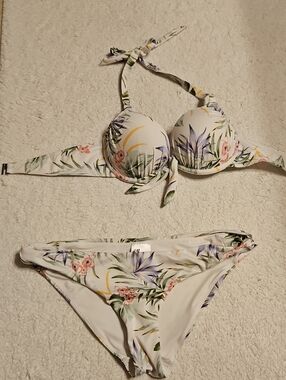 H&M Floral White Halter Bikini Set - Women's Swim